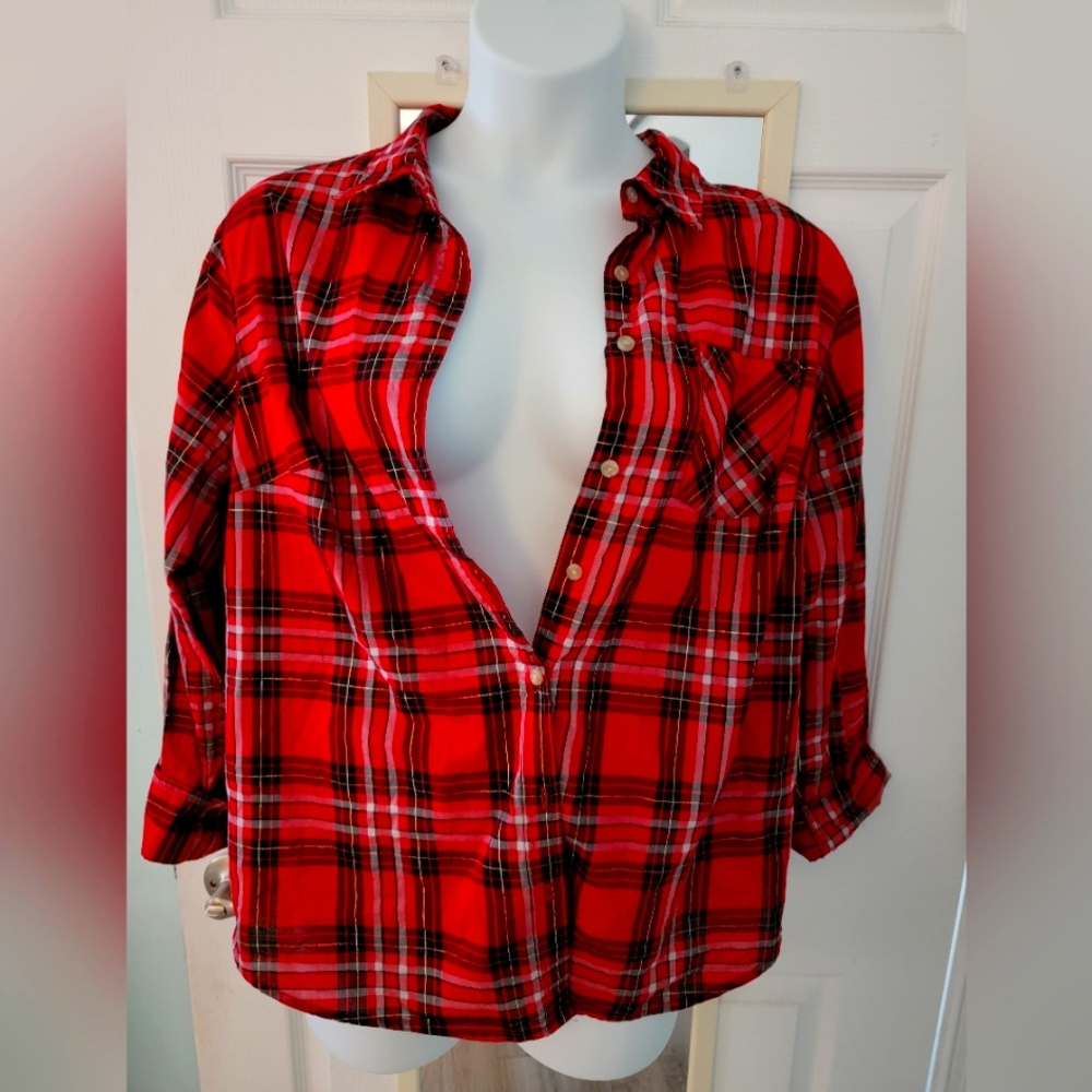 Ava Viv Holiday plaid button up top